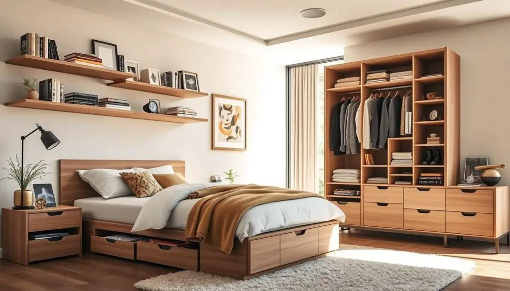 A cozy bedroom with innovative storage solutions, showcasing a neatly organized space with under-bed drawers, floating shelves filled with books and decor, a stylish wardrobe with open compartments, a bedside table with hidden storage, and a plush rug, all bathed in warm natural light.