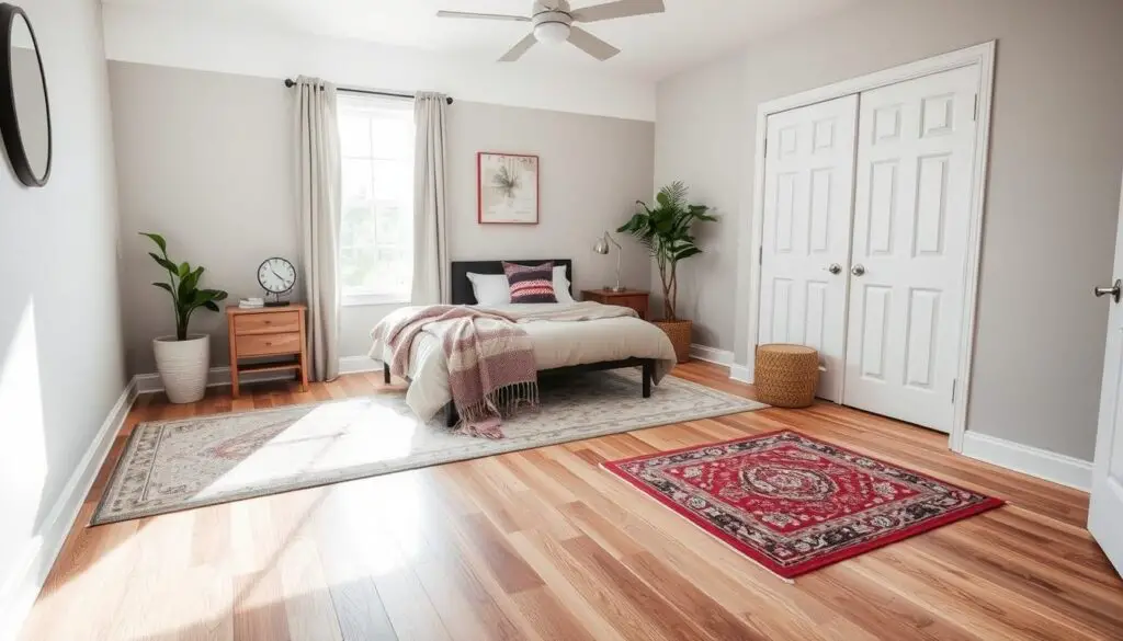 Cozy bedroom featuring a mix of budget-friendly flooring options, including laminate wood, soft carpet, and stylish vinyl planks, complemented by colorful rugs, natural light streaming through a window, and minimalistic decor.