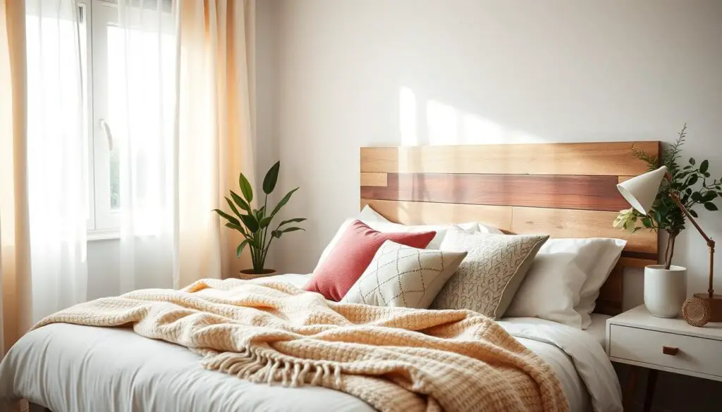 Cozy bedroom with a fresh color palette, layered textures including a plush throw blanket and decorative pillows, natural light streaming through sheer curtains, a simple DIY headboard made from reclaimed wood, plants adding greenery, stylish bedside table with minimalist decor, inviting atmosphere, modern bohemian style.