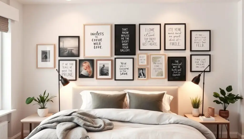 A stylish and cozy bedroom with a budget-friendly gallery wall, featuring a mix of framed artwork, photographs, and inspirational quotes in varied sizes and colors. The gallery wall is arranged creatively above a modern bed with soft linens, surrounded by gentle lighting and minimalistic decor elements. Include plants and neutral-toned furnishings to enhance the inviting atmosphere.