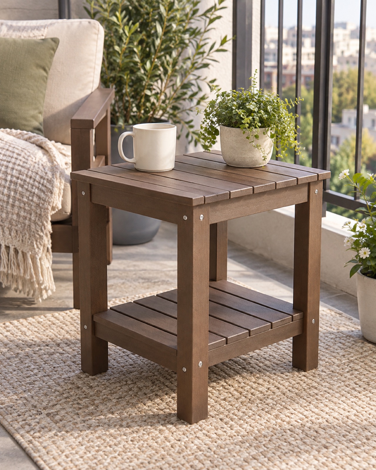 12 Compact Outdoor Side Tables for Small Patios and Balconies AI-generated visualization approximating the brown Amazon Basics compact two-tier outdoor side table on a balcony