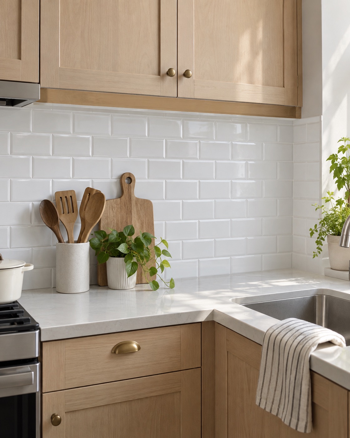 White raised subway peel-and-stick backsplash in a compact rental kitchen
