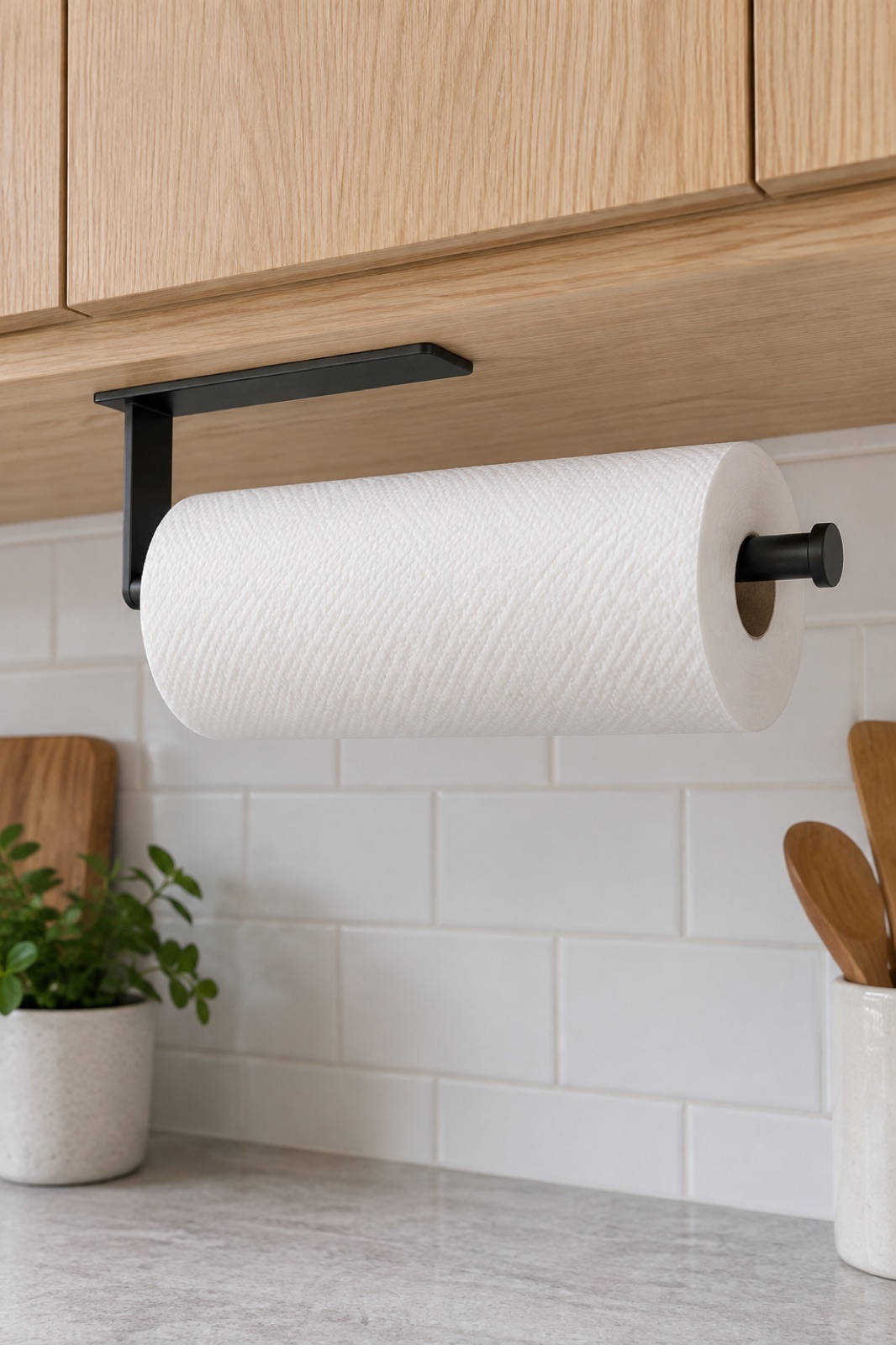 10 Wall-Mounted Paper Towel Holders for Rental Kitchens With Limited Counter Space AI-generated visualization approximating the Bollove black L-shaped paper towel holder mounted under a light wood kitchen cabinet.