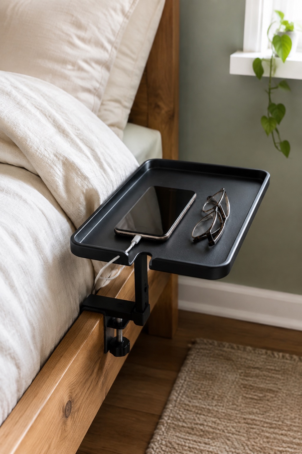 AI-generated visualization approximating the design of the BedShelfie CableCatch Bedside Shelf, Black beside a bed.