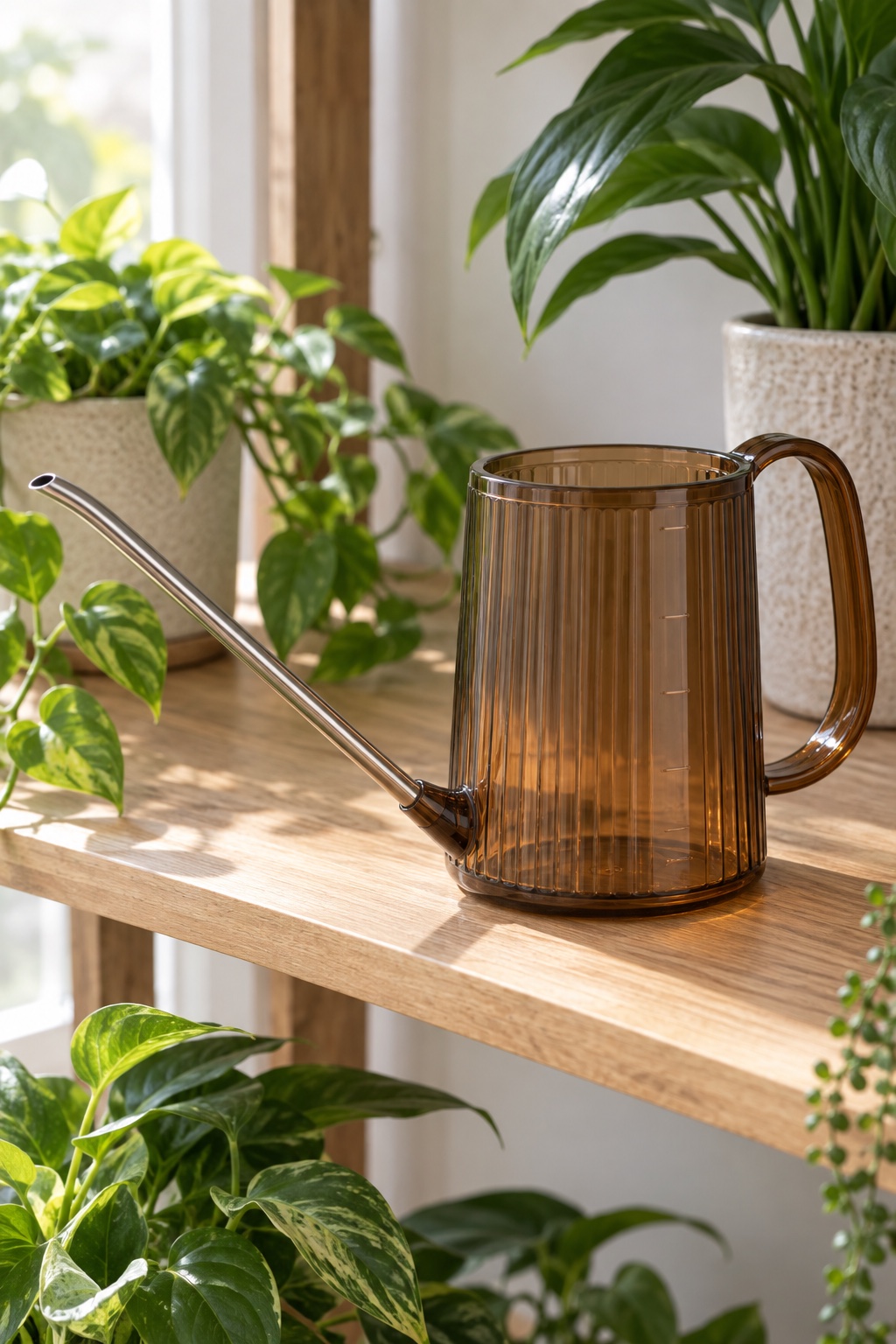 10 Long-Spout Watering Cans for Crowded Plant Shelves and Patio Pots AI-generated visualization accurately approximating the amber DR.UANG 1-liter long-spout watering can beside houseplants.
