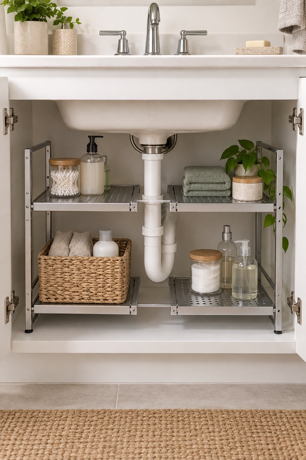 10 Under-Sink Organizers for Pipe-Crowded Bathroom Vanities AI-generated visualization of an expandable under-sink shelf arranged around bathroom plumbing