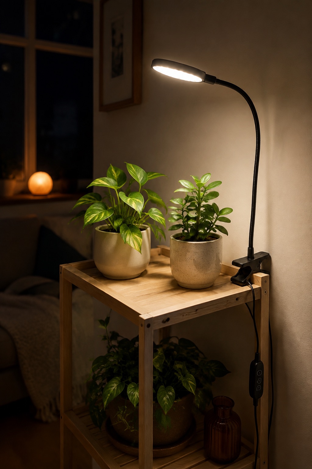11 Compact Grow Lights for Dark Apartment Plant Shelves and Corners AI-generated visualization approximating a flexible clamp grow light over two apartment houseplants