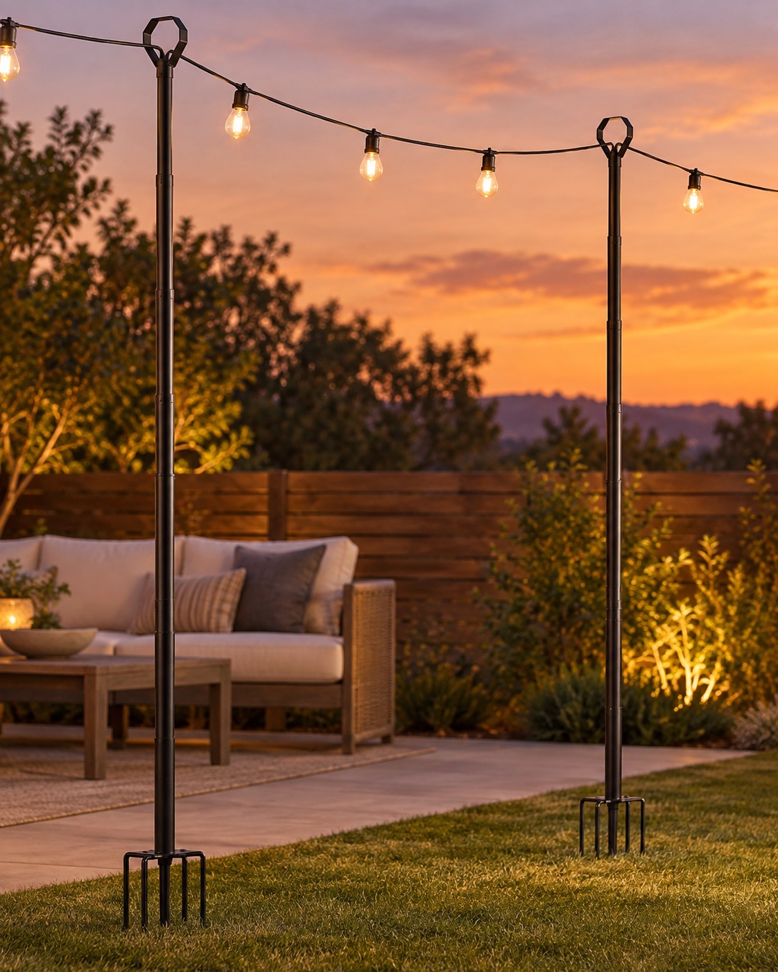 AI-generated visualization approximating the design of the Mutovlin 10-foot string light poles on a patio.