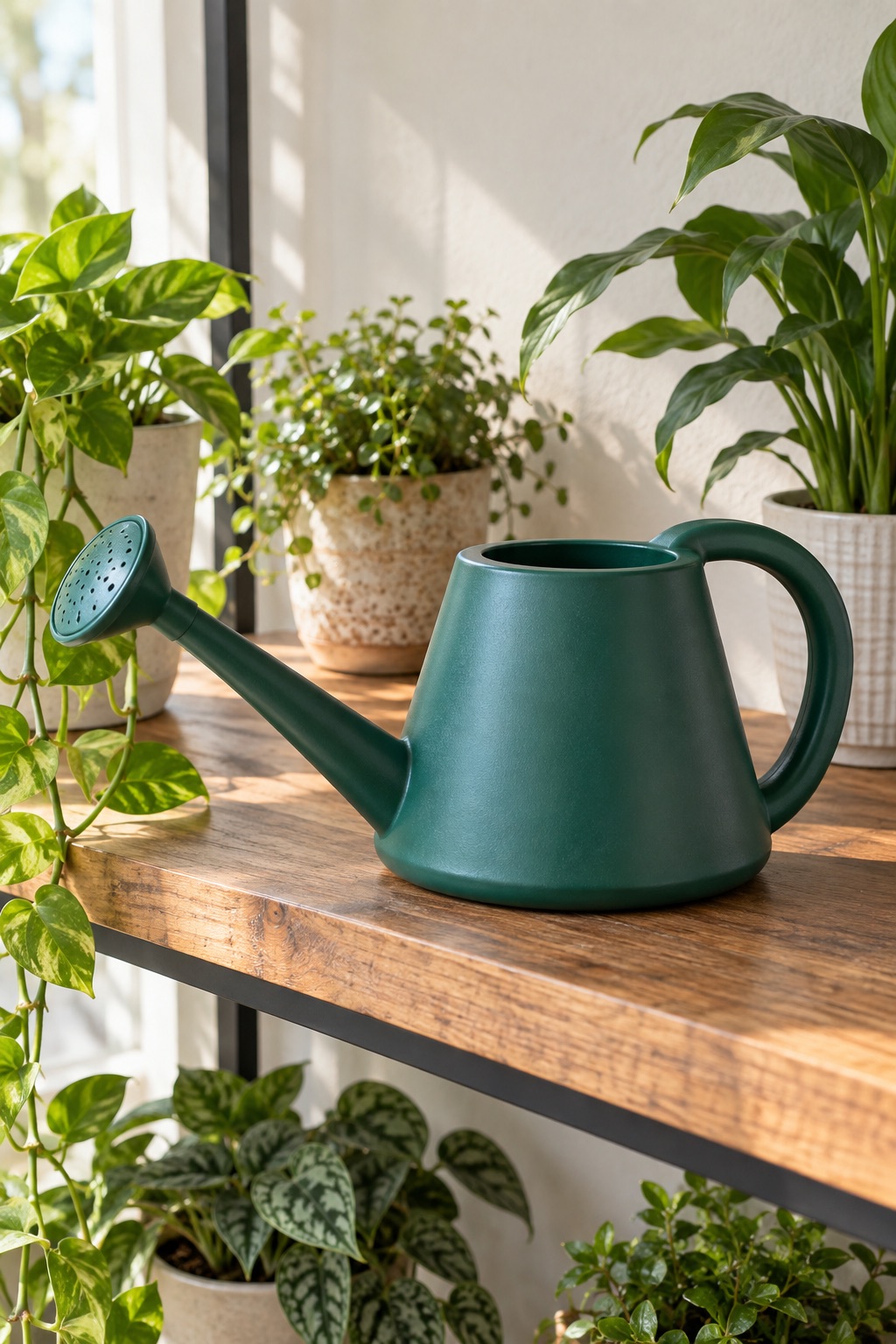AI-generated visualization approximating the green Qilebi 1.8-liter watering can beside indoor plants.