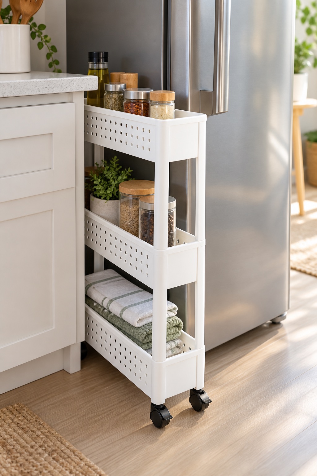 11 Slim Rolling Storage Carts for Awkward Gaps Under 8 Inches AI-generated visualization approximating a slim white three-tier rolling storage cart in a small kitchen.