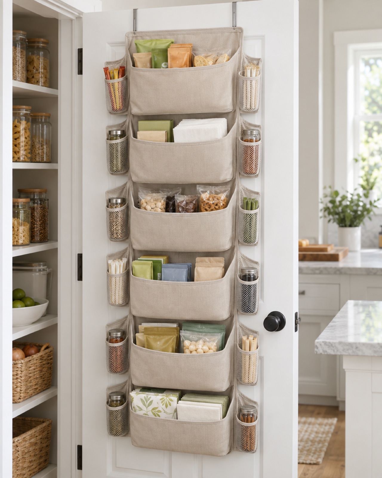 11 Over-the-Door Pantry Organizers for Narrow Kitchen Storage AI-generated visualization approximating the ULG beige six-pocket over-door organizer in a pantry.