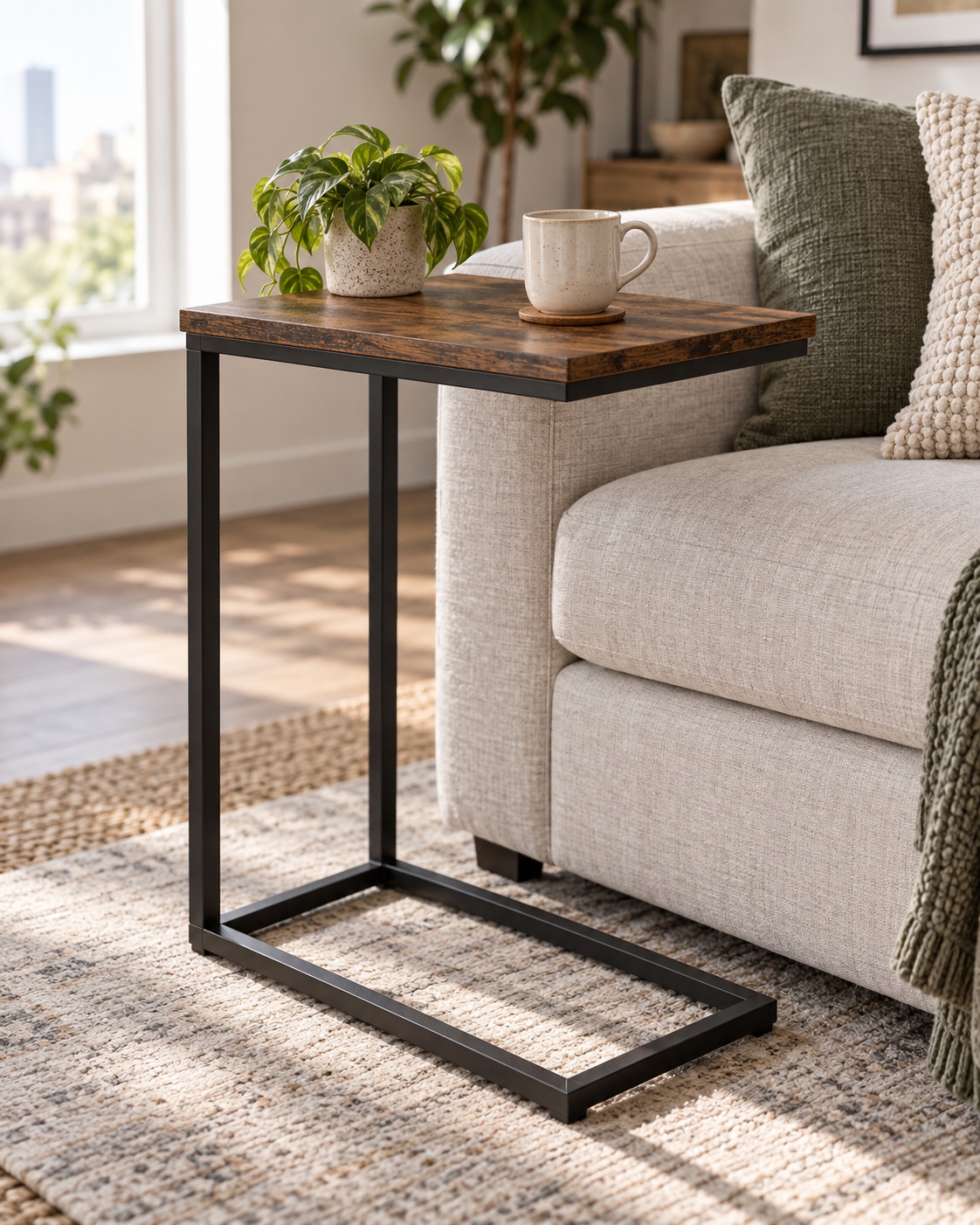 AI-generated visualization approximating the VASAGLE ULET350B01 C-shaped side table beside a compact sofa