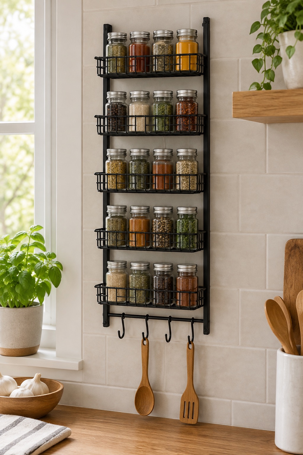 11 Wall-Mounted Spice Racks for Small Kitchens With No Counter Space Five-tier black wire spice rack with jars and utensil hooks on a kitchen wall