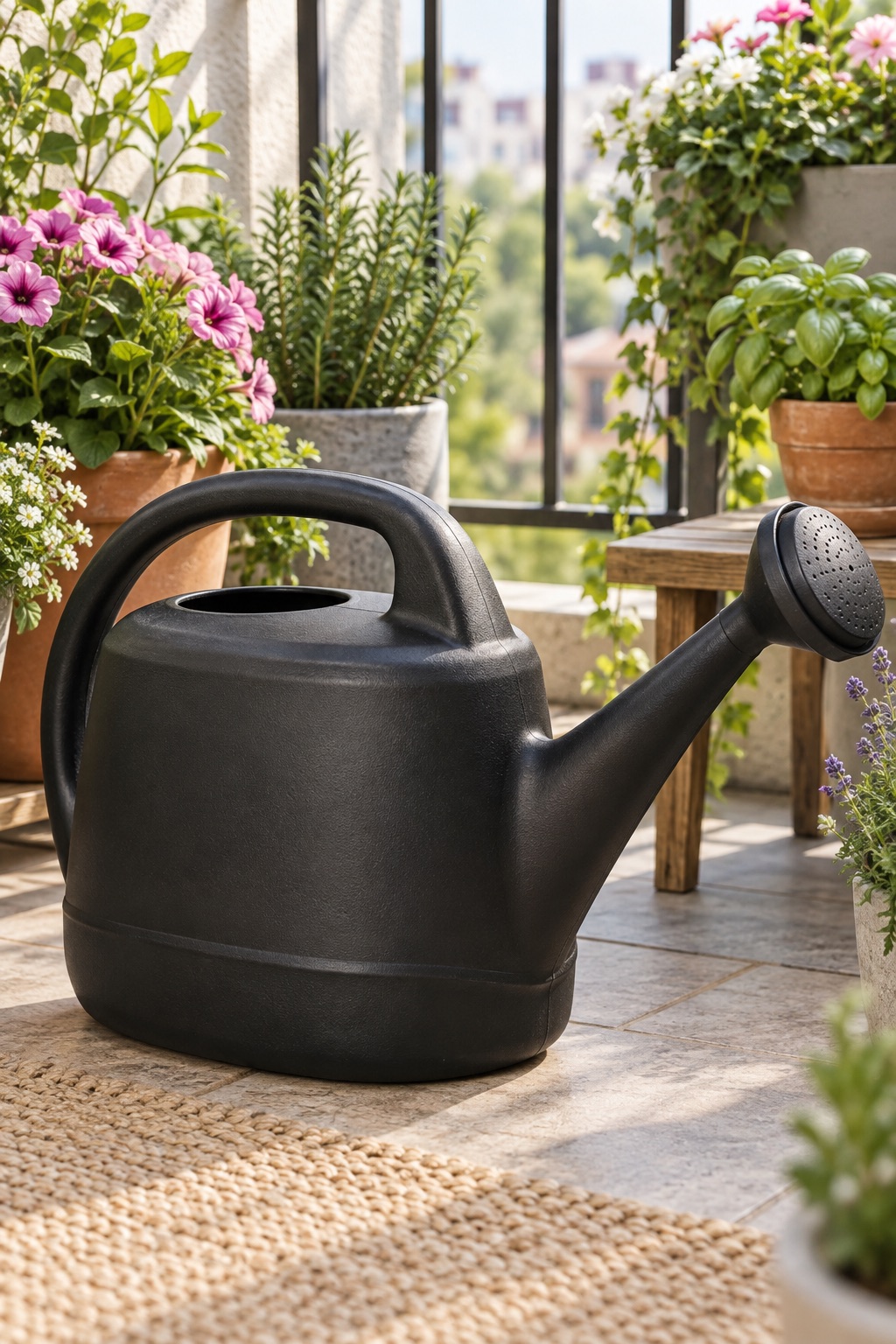 AI-generated visualization approximating the black Chapin 47998 two-gallon watering can on a balcony.