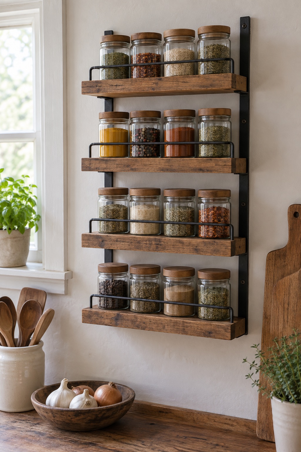 11 Wall-Mounted Spice Racks for Small Kitchens With No Counter Space Four-tier wood and black metal wall spice rack holding plain jars