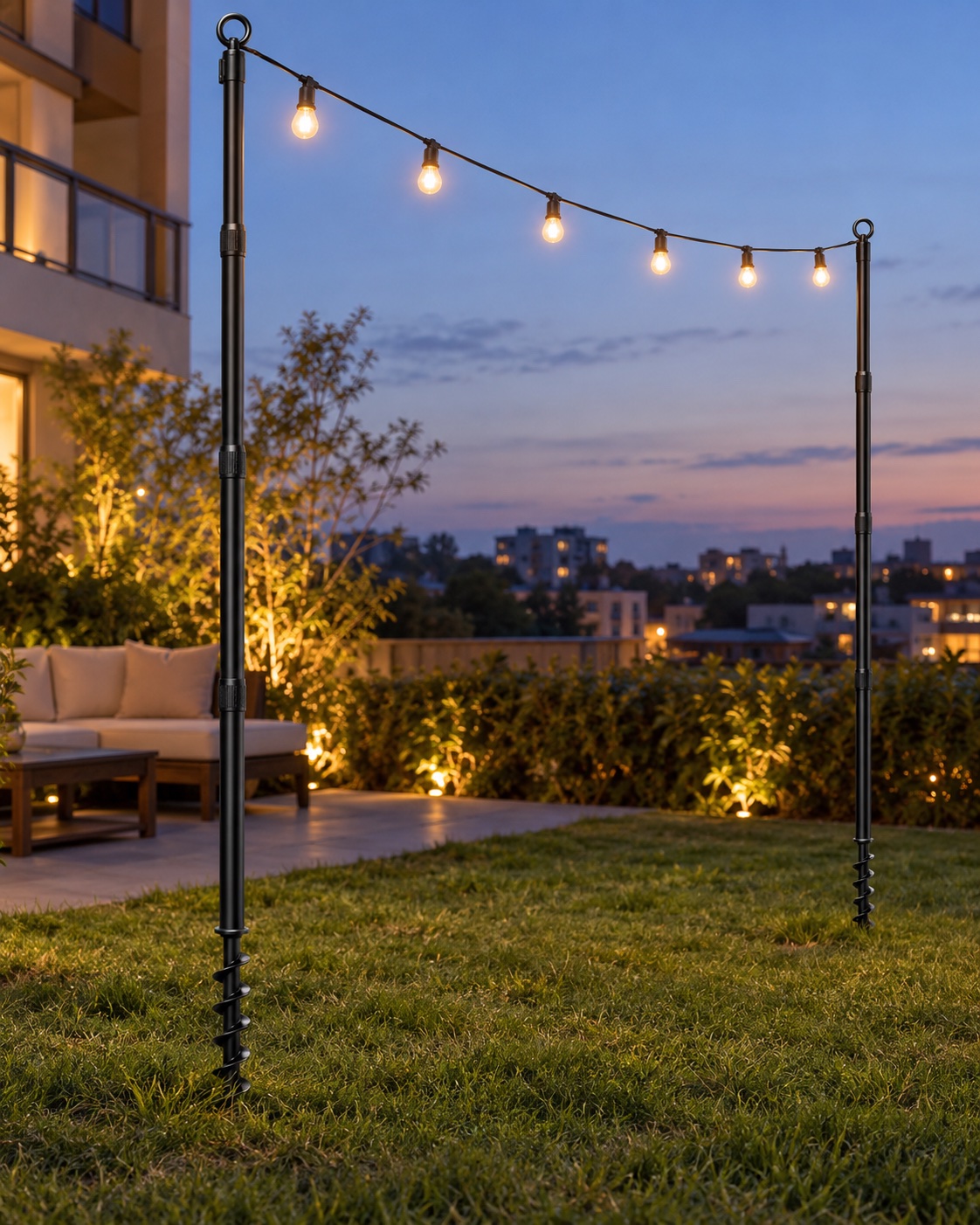 AI-generated visualization approximating the design of Espird 10.5-foot screw-in string light poles in a backyard.