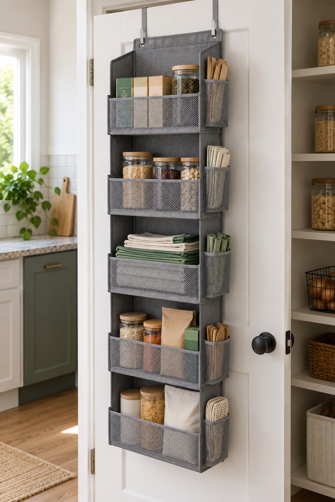 11 Over-the-Door Pantry Organizers for Narrow Kitchen Storage AI-generated visualization approximating the JARLINK gray five-shelf over-door organizer in a pantry.