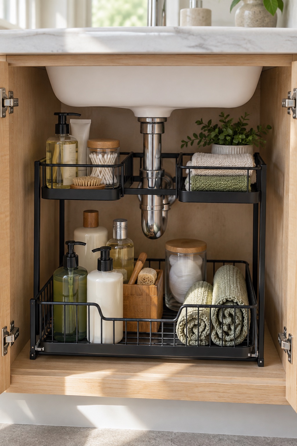 10 Under-Sink Organizers for Pipe-Crowded Bathroom Vanities AI-generated visualization of an L-shaped pull-out organizer beside a bathroom sink drain