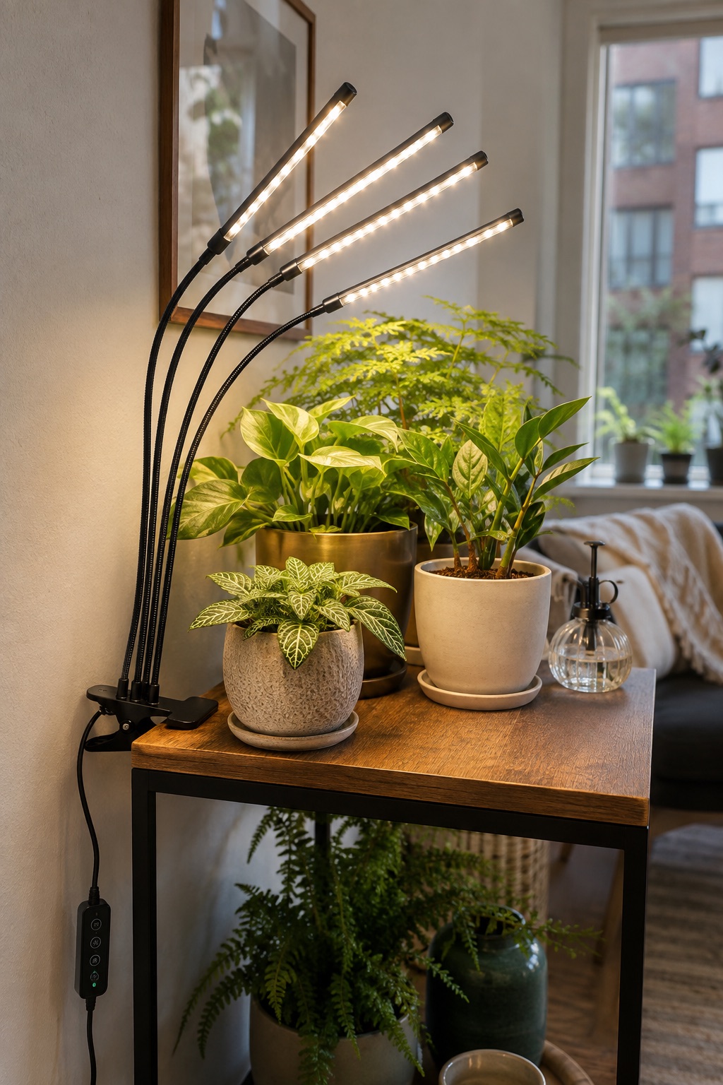11 Compact Grow Lights for Dark Apartment Plant Shelves and Corners AI-generated visualization approximating a four-head gooseneck grow light over a plant collection