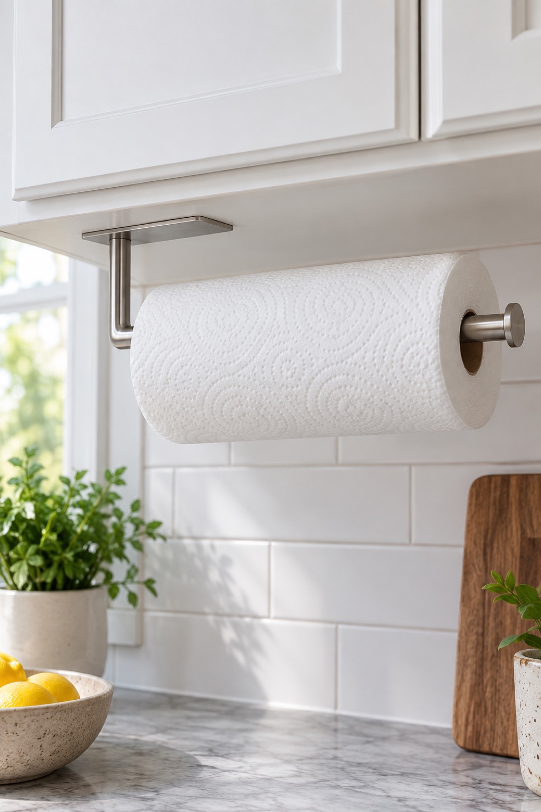 10 Wall-Mounted Paper Towel Holders for Rental Kitchens With Limited Counter Space AI-generated visualization approximating the niffgaff brushed-nickel paper towel holder beneath a white kitchen cabinet.