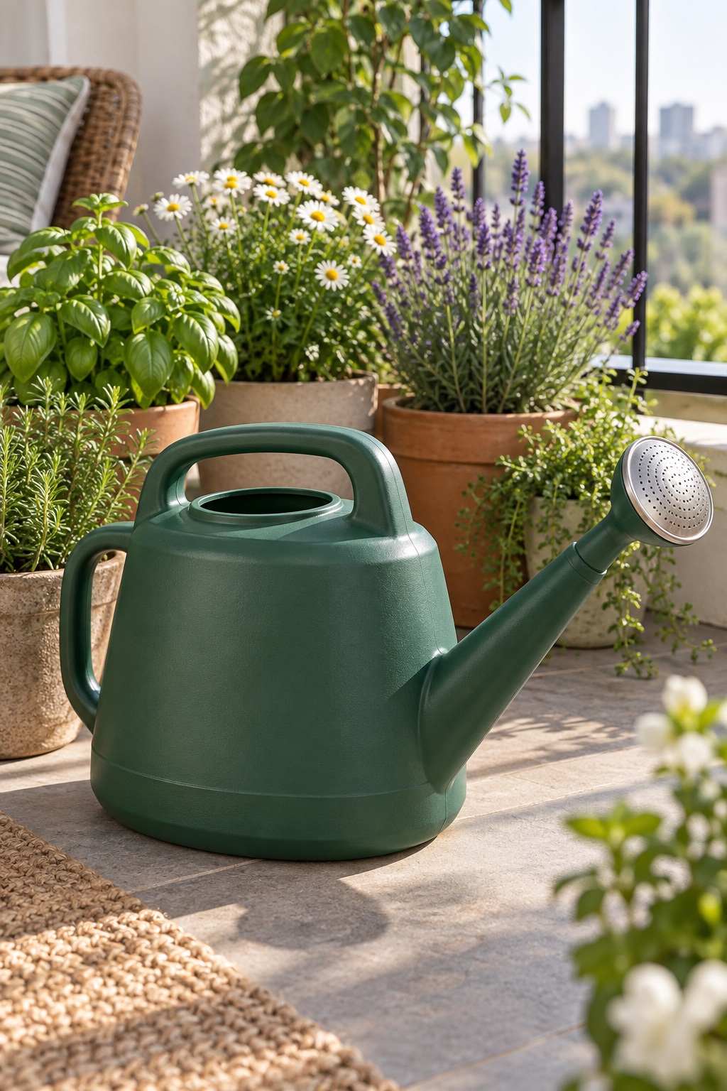 10 Long-Spout Watering Cans for Crowded Plant Shelves and Patio Pots AI-generated visualization accurately approximating the alpine-green Qilebi 2-gallon watering can with two handles and sprinkler rose.