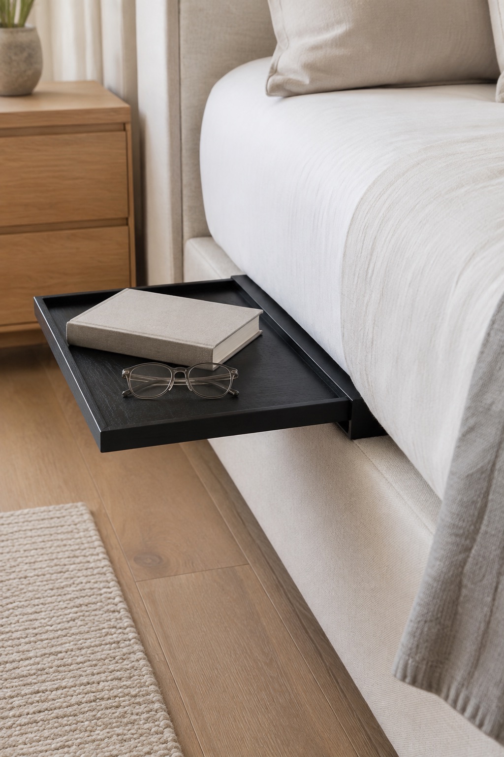 AI-generated visualization approximating the design of the BedShelfie Slide Bedside Shelf, Black Bamboo beside a bed.