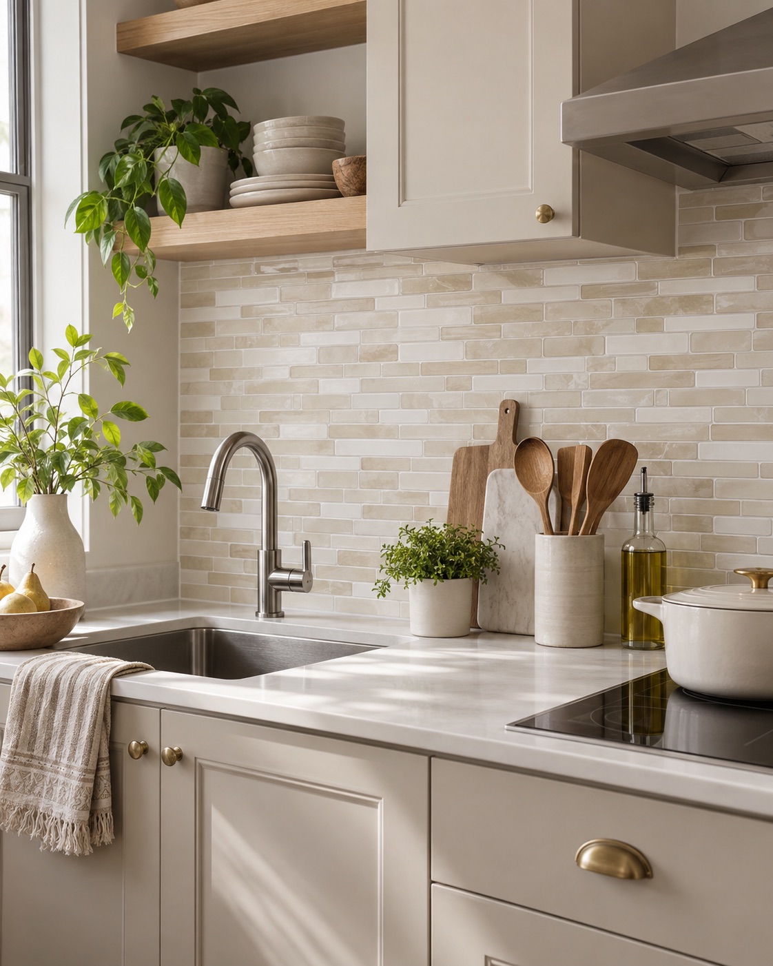 Beige and white oblong peel-and-stick backsplash in a small kitchen