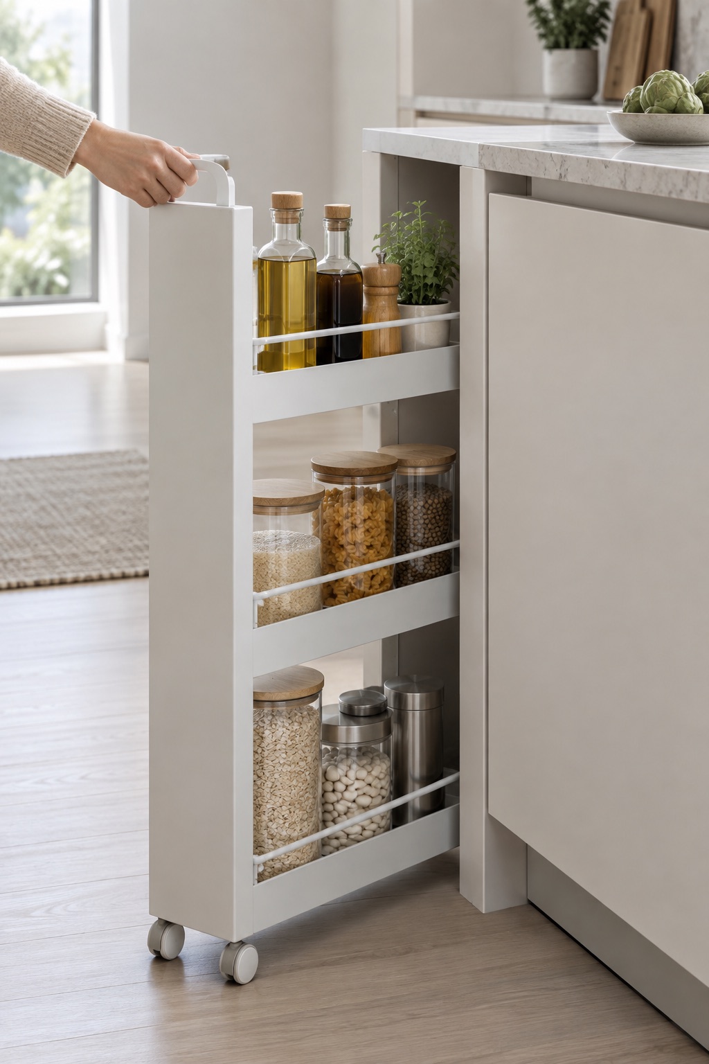 11 Slim Rolling Storage Carts for Awkward Gaps Under 8 Inches AI-generated visualization approximating a premium ultra-slim white steel rolling cart in a modern kitchen.