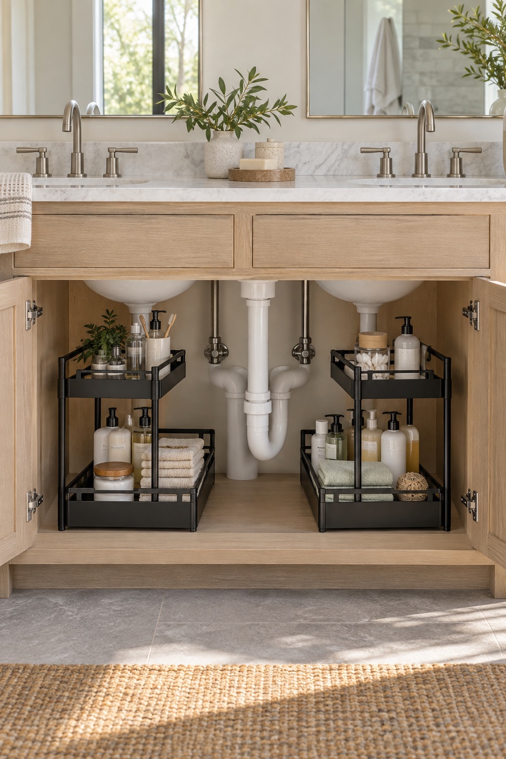 10 Under-Sink Organizers for Pipe-Crowded Bathroom Vanities AI-generated visualization of adjustable two-tier organizers beneath a bathroom vanity