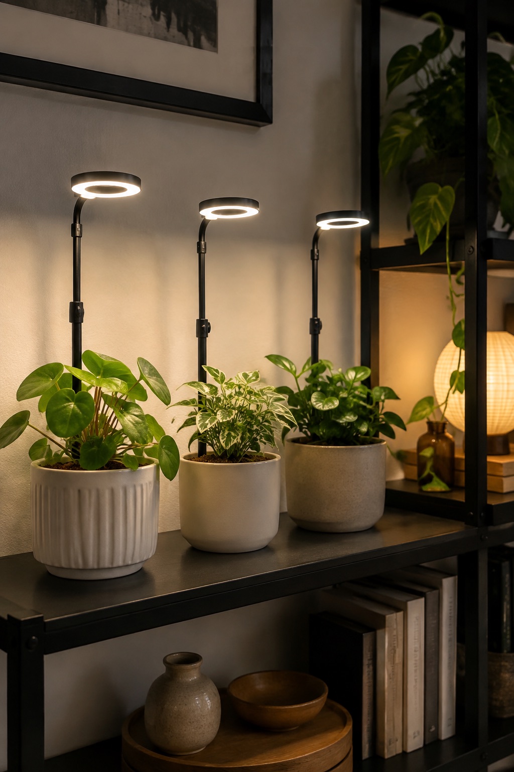 11 Compact Grow Lights for Dark Apartment Plant Shelves and Corners AI-generated visualization approximating three halo grow lights inserted in small plant pots