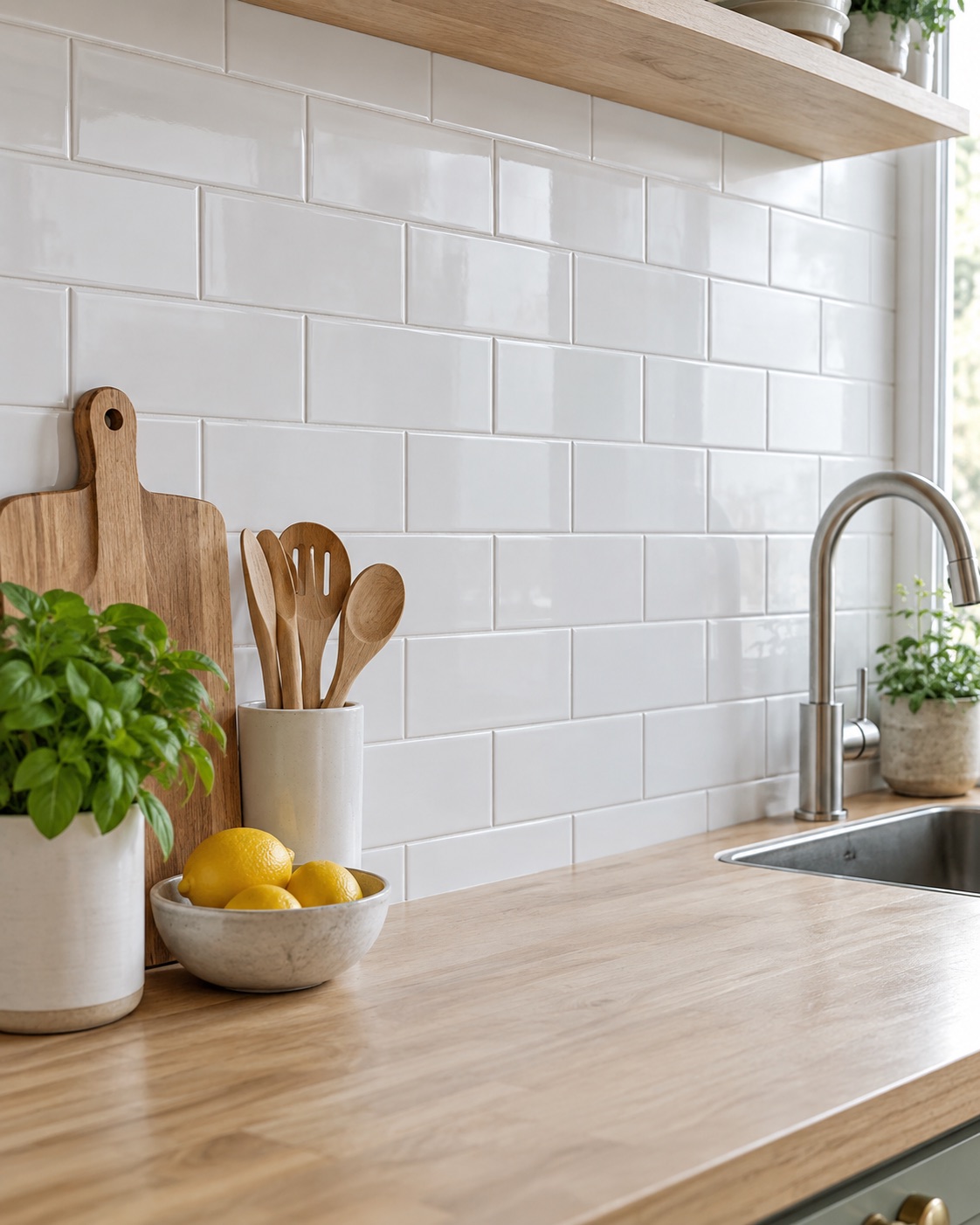 Glossy white 3-by-6-inch subway tile backsplash in a renter kitchen