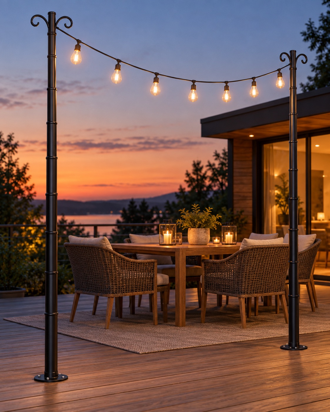 AI-generated visualization approximating the design of COCONUT flange-base string light poles on a deck.