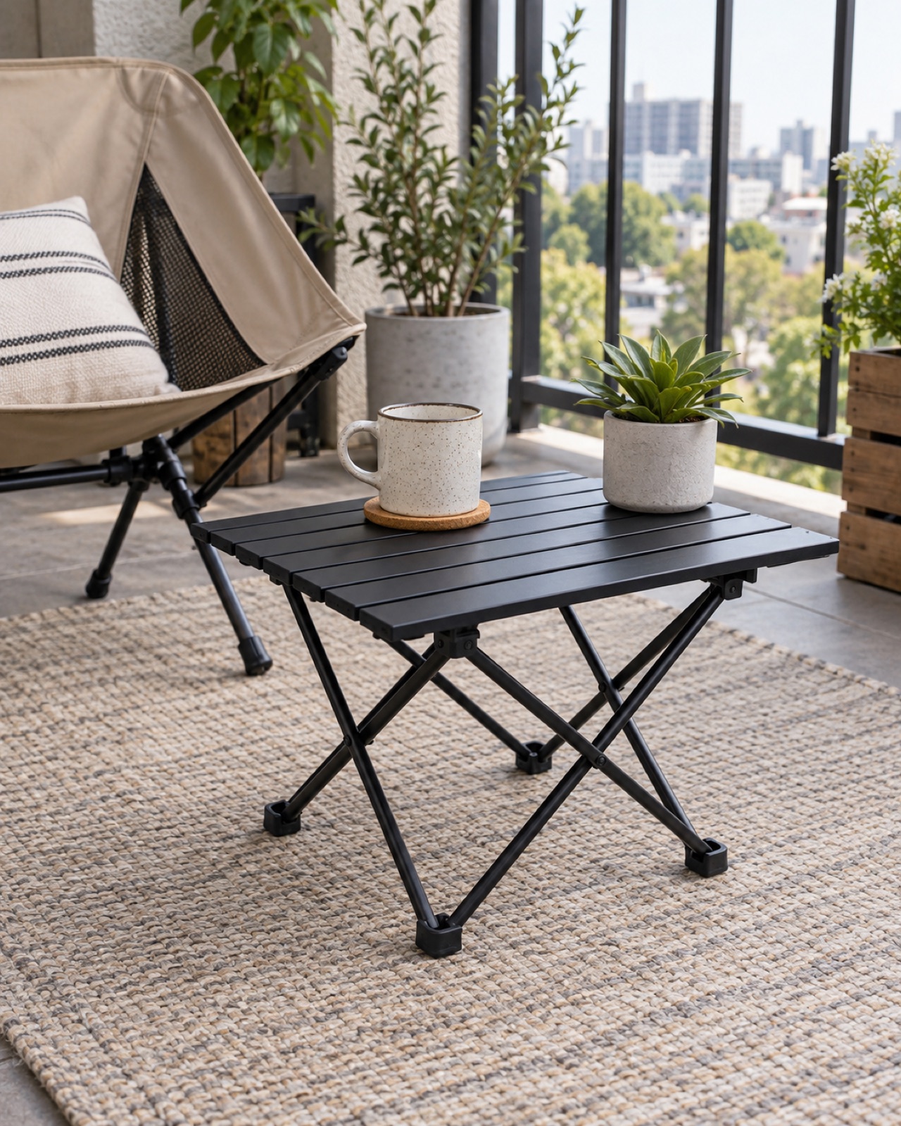 12 Compact Outdoor Side Tables for Small Patios and Balconies AI-generated visualization approximating the black Grope small aluminum folding camping table