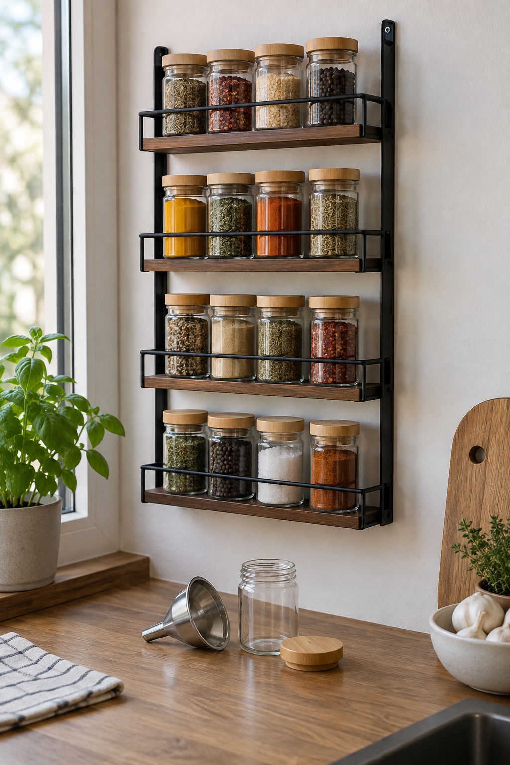 11 Wall-Mounted Spice Racks for Small Kitchens With No Counter Space Four-tier black metal and wood spice rack with plain jars in a small kitchen