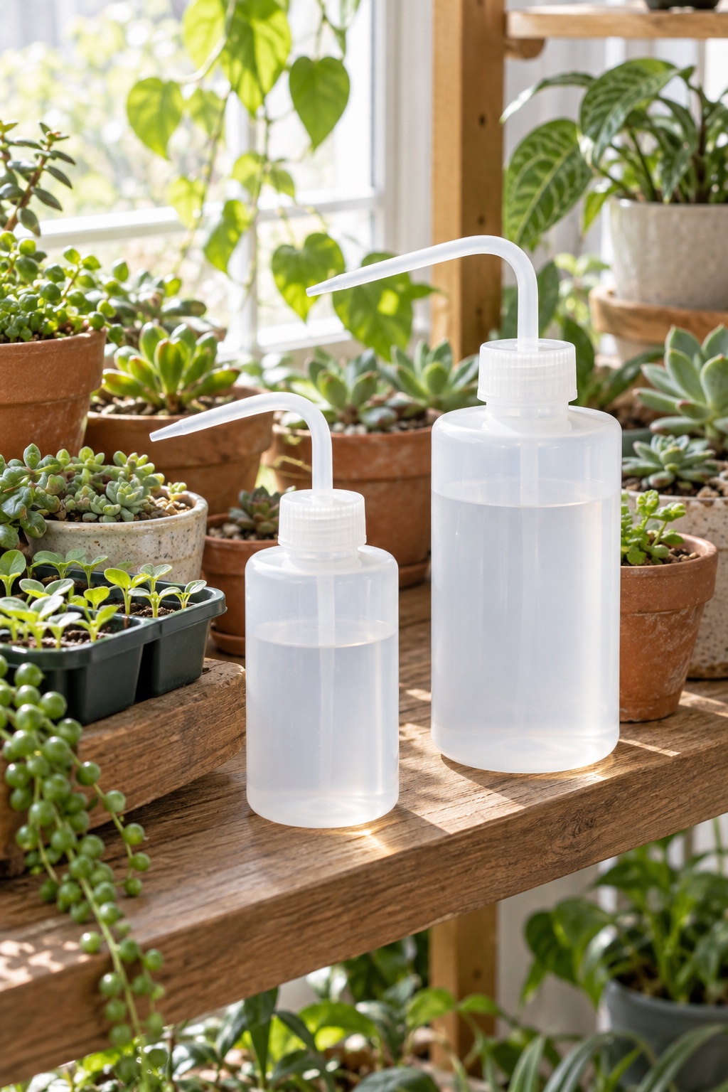 10 Long-Spout Watering Cans for Crowded Plant Shelves and Patio Pots AI-generated visualization accurately approximating the two translucent Mkono squeeze watering bottles on a plant shelf.