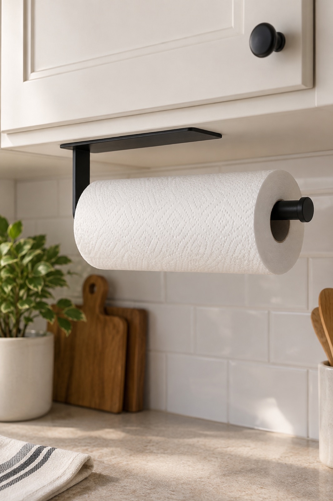 10 Wall-Mounted Paper Towel Holders for Rental Kitchens With Limited Counter Space AI-generated visualization approximating the niffgaff matte-black aluminum paper towel holder mounted under a cabinet.