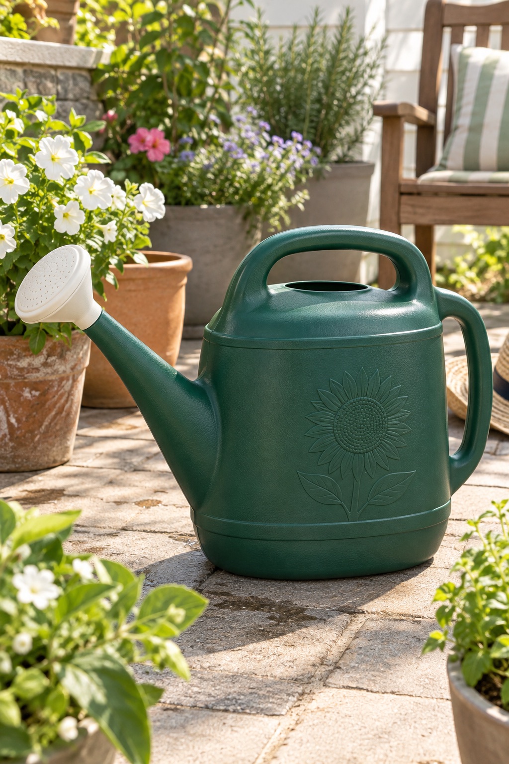 AI-generated visualization approximating the hunter-green Root & Vessel Classic two-gallon watering can on a patio.
