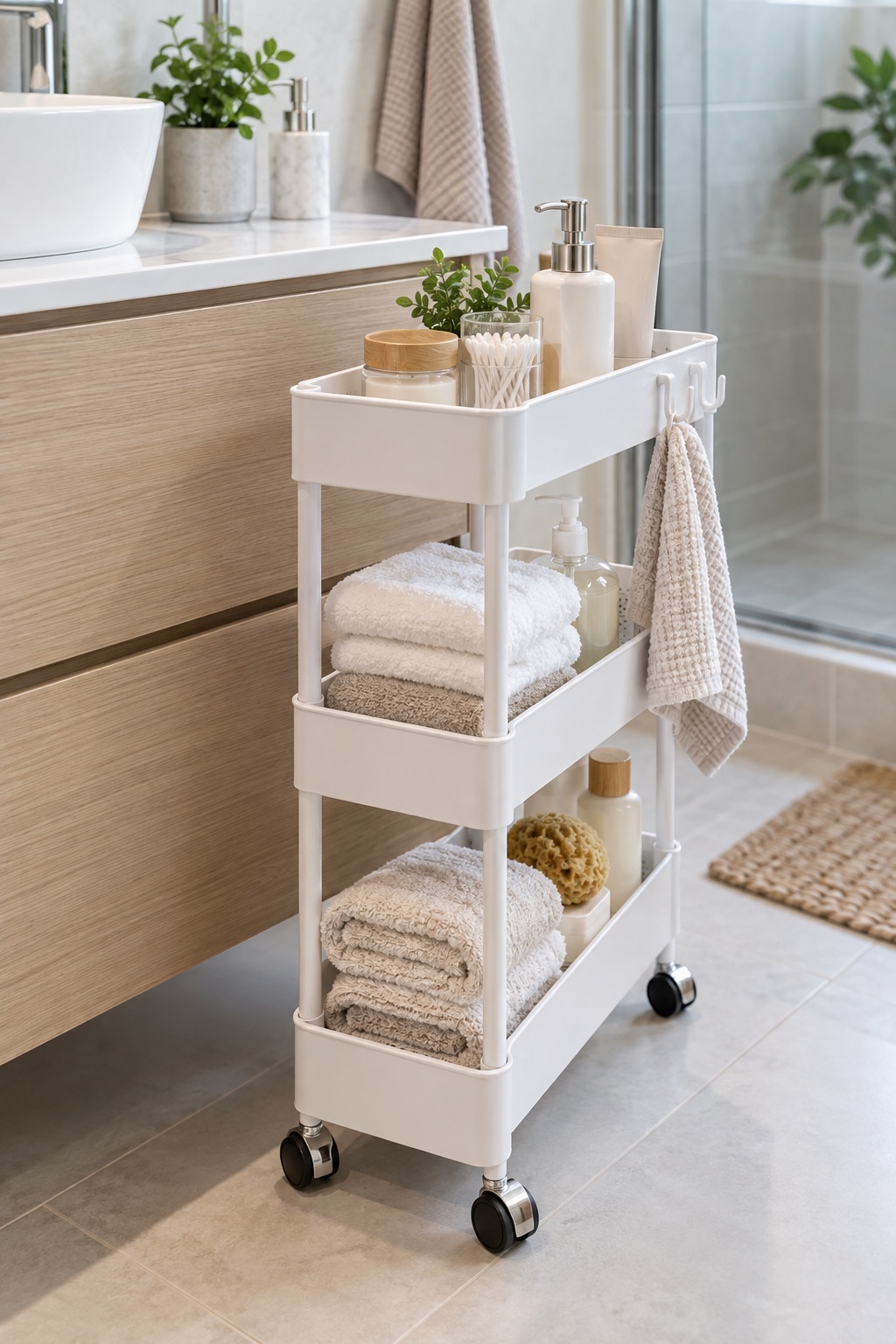 11 Slim Rolling Storage Carts for Awkward Gaps Under 8 Inches AI-generated visualization approximating a white three-tier narrow rolling cart beside a bathroom vanity.
