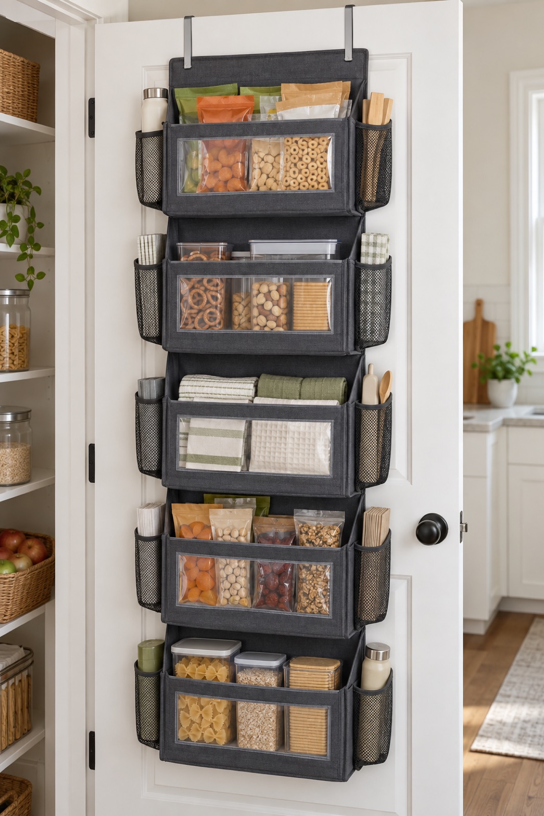 11 Over-the-Door Pantry Organizers for Narrow Kitchen Storage AI-generated visualization approximating the ULG dark gray five-layer over-door organizer in a pantry.