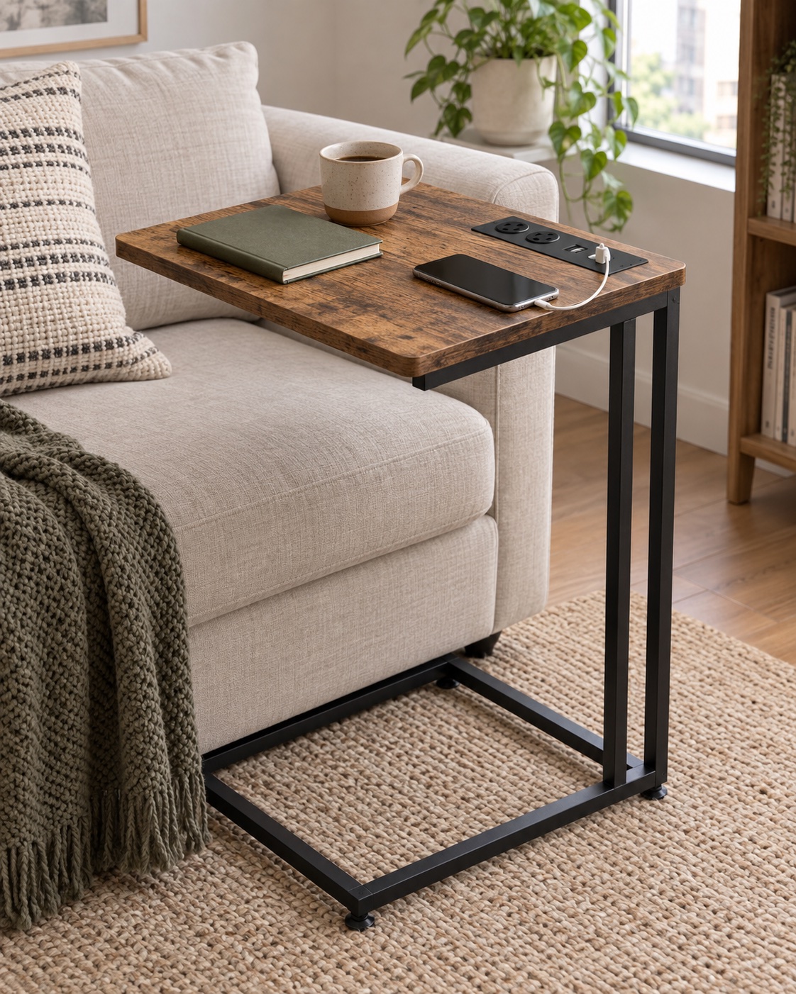 AI-generated visualization approximating the VASAGLE ULET362K01 charging C-shaped side table in a compact living room