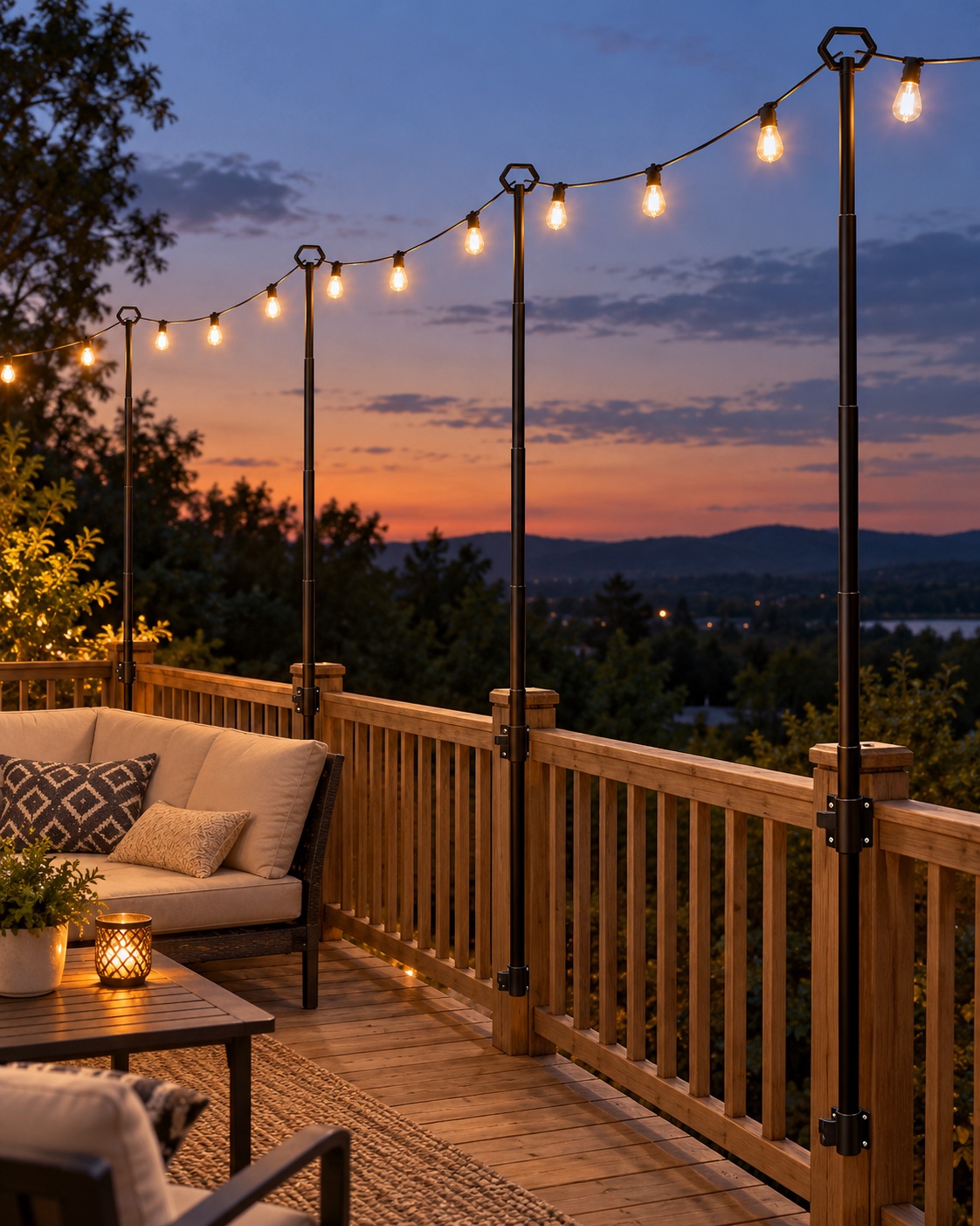 AI-generated visualization approximating the design of AILBTON fence-mount string light poles along a patio fence.