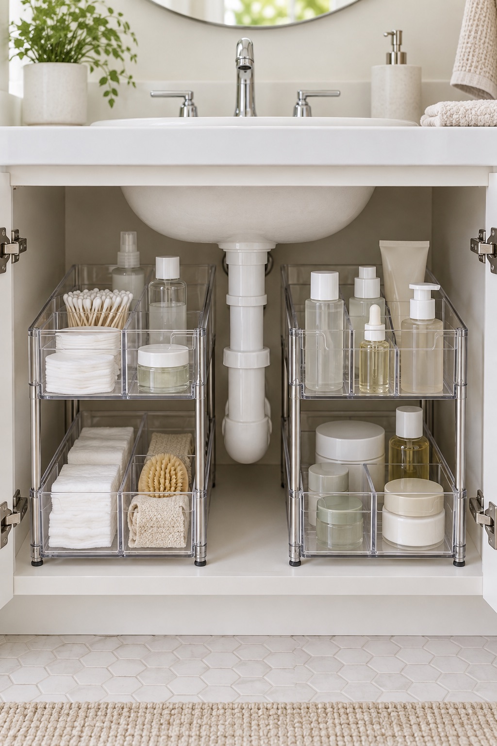 10 Under-Sink Organizers for Pipe-Crowded Bathroom Vanities AI-generated visualization of clear drawer organizers for toiletries beneath a bathroom sink