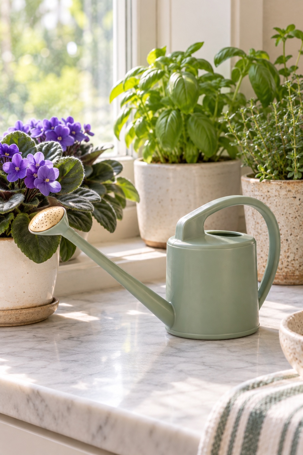 10 Long-Spout Watering Cans for Crowded Plant Shelves and Patio Pots AI-generated visualization accurately approximating the compact sage-green Haws Handy plastic watering can with brass-faced rose.