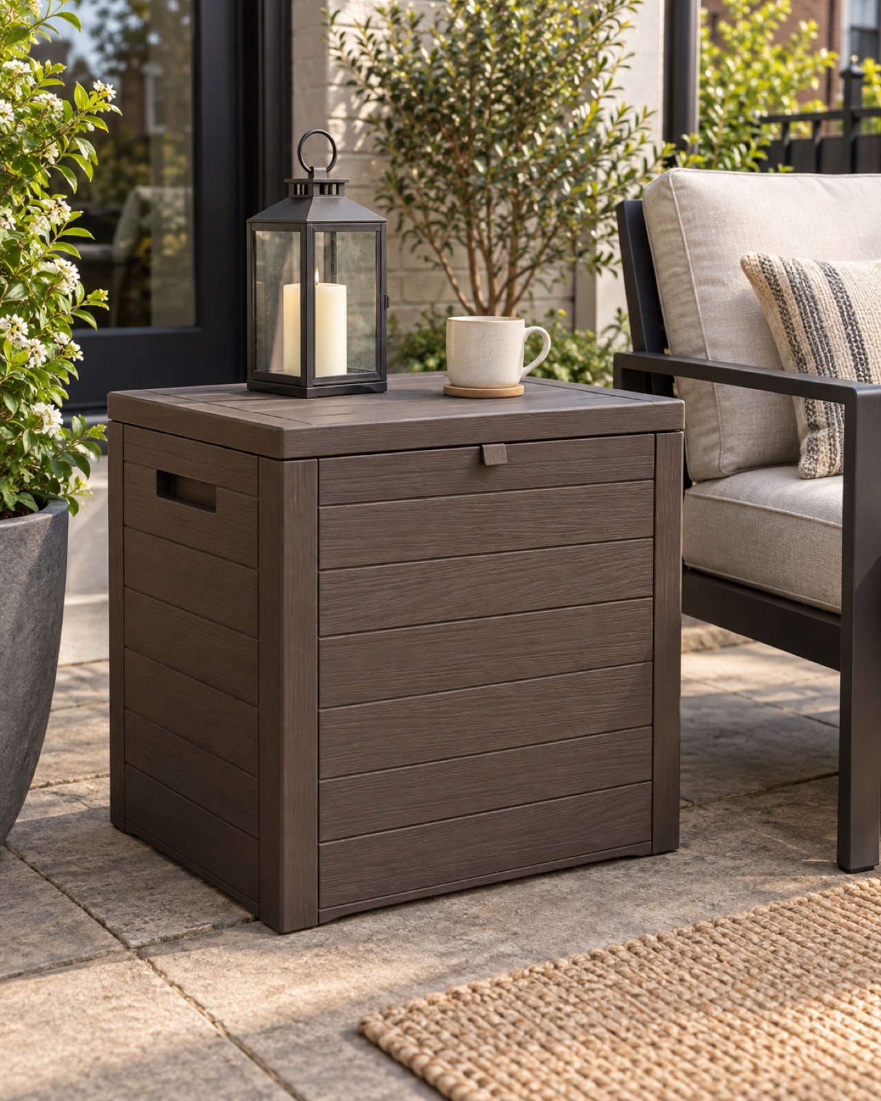12 Compact Outdoor Side Tables for Small Patios and Balconies AI-generated visualization approximating the brown Keter City 30-gallon deck box side table