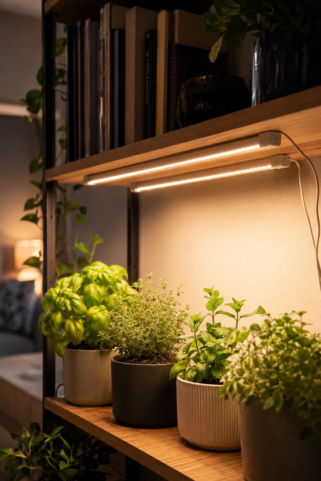 11 Compact Grow Lights for Dark Apartment Plant Shelves and Corners AI-generated visualization approximating two under-shelf grow light bars over apartment herbs