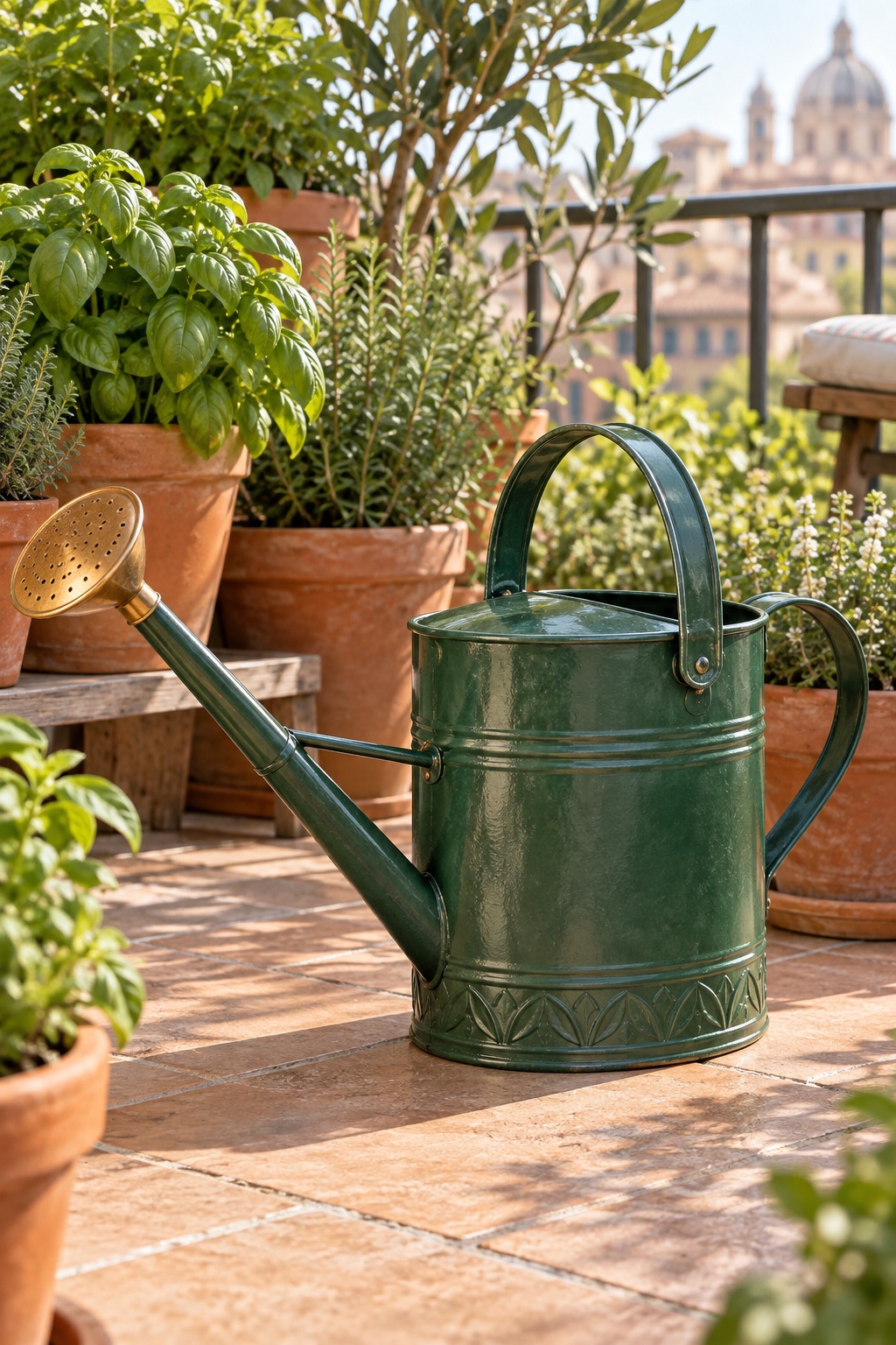 AI-generated visualization approximating the green Megawodar galvanized-steel watering can in a balcony herb garden.