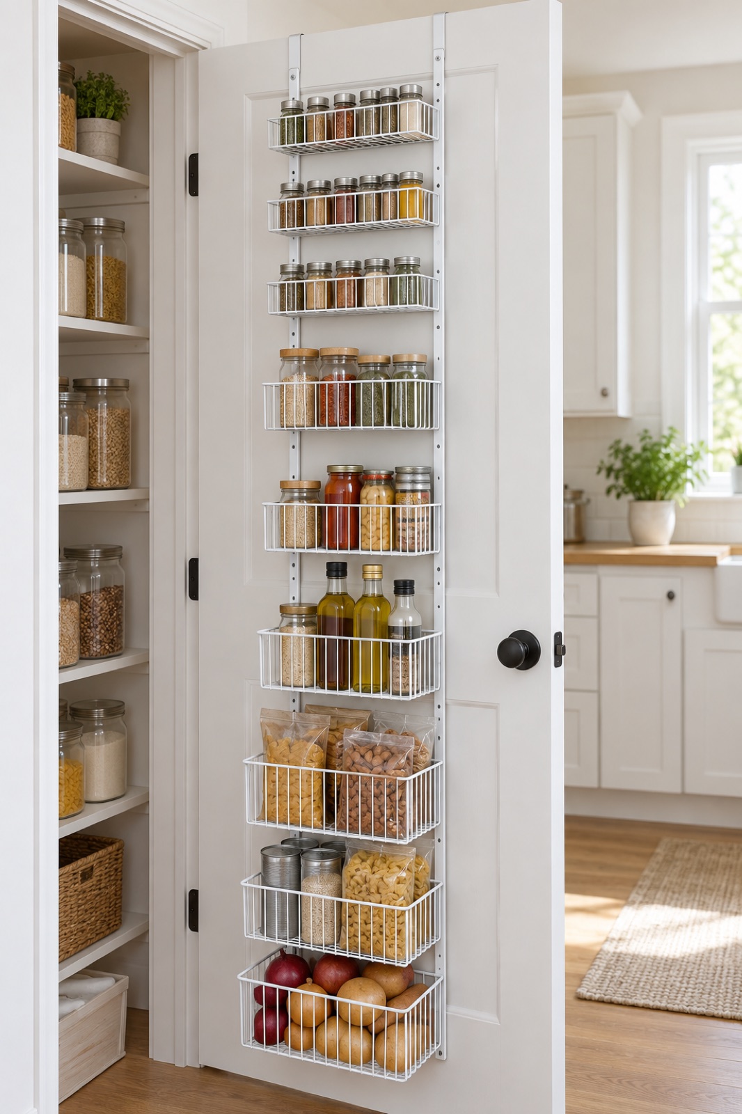 11 Over-the-Door Pantry Organizers for Narrow Kitchen Storage AI-generated visualization approximating the Moforoco white nine-tier metal over-door pantry organizer.