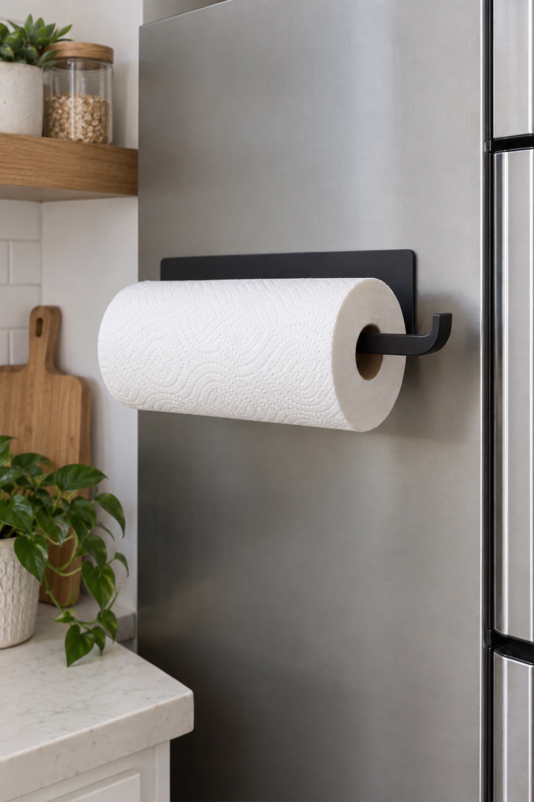 10 Wall-Mounted Paper Towel Holders for Rental Kitchens With Limited Counter Space AI-generated visualization approximating the Seropy black magnetic paper towel holder attached to a refrigerator.