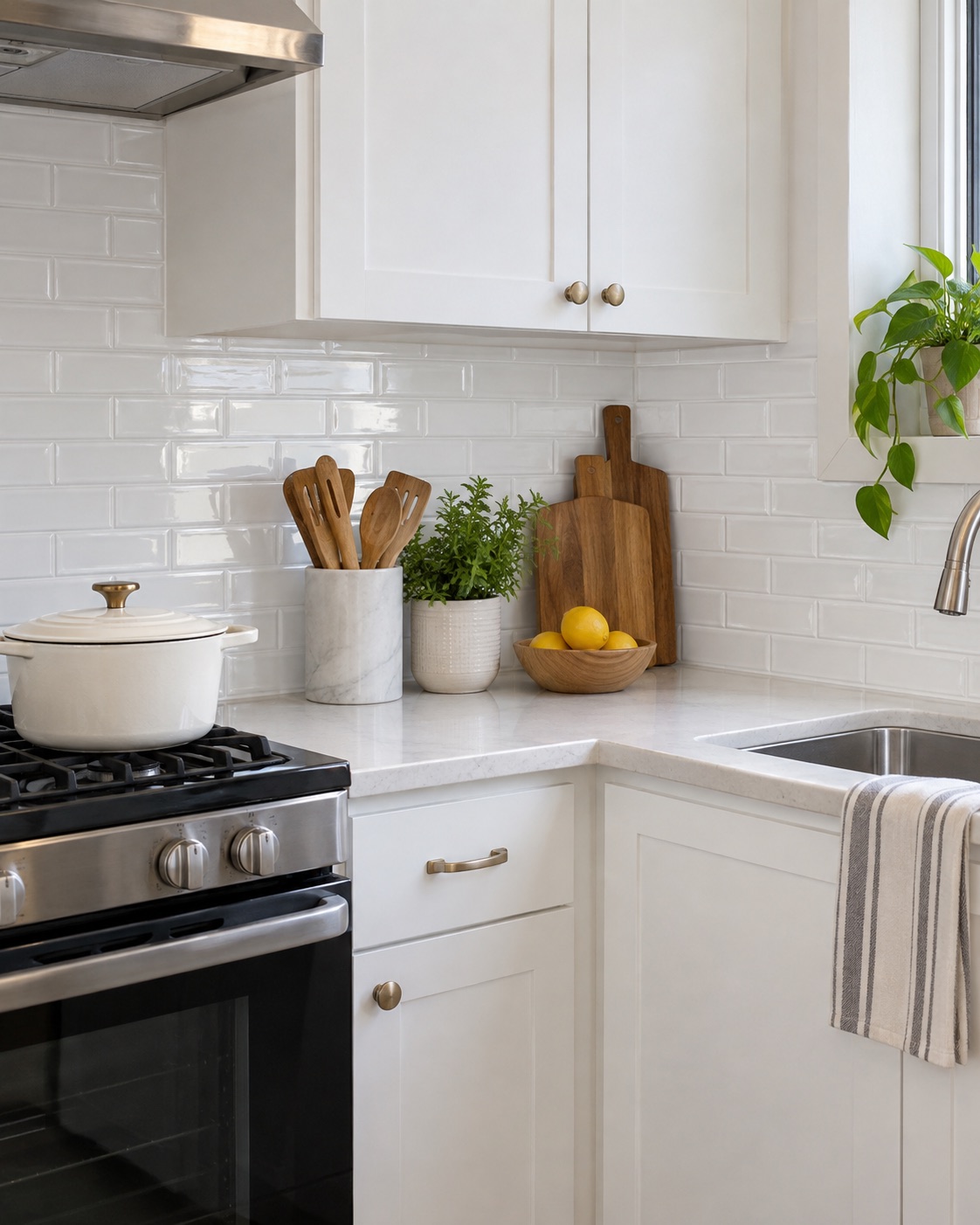 Pure white glossy slim subway backsplash in a compact kitchen