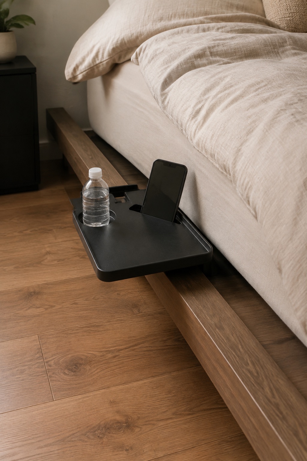 AI-generated visualization approximating the design of the Stander Wonder Bedside Shelf beside a bed.